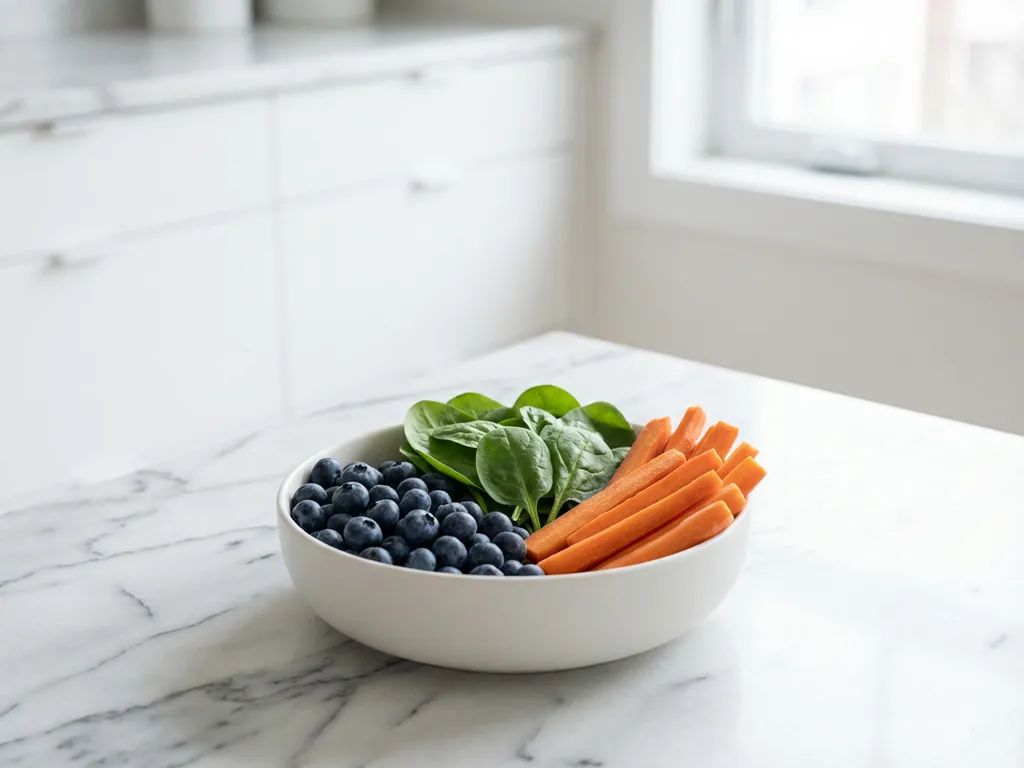 White ceramic bowl with fresh blueberries, baby spinach, and orange carrot sticks on marble countertop in minimalist kitchen