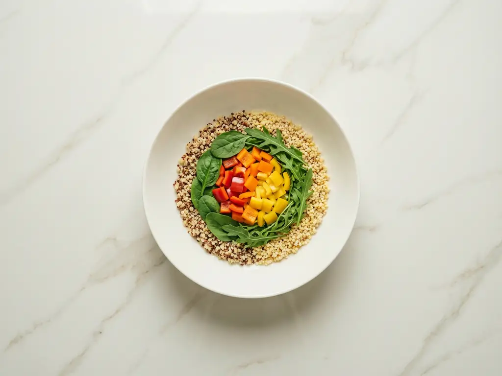 White ceramic bowl with colorful bell peppers, leafy greens, and golden grains arranged in concentric circles on marble surface
