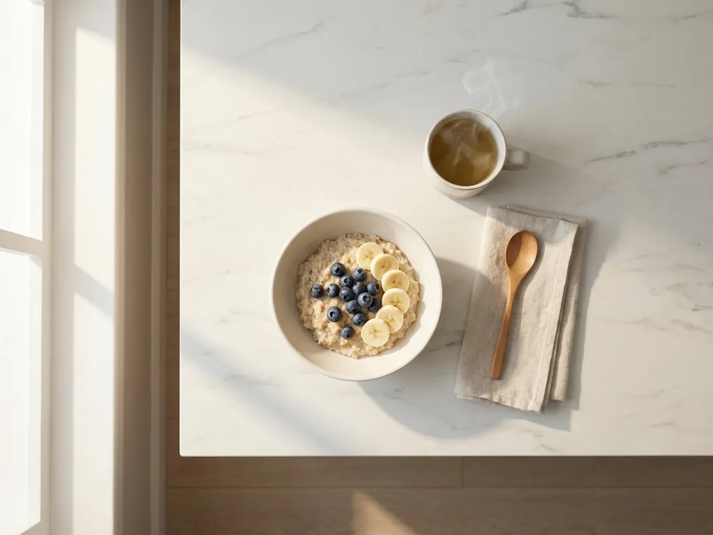 White ceramic bowl of oatmeal topped with fresh blueberries and banana slices on marble countertop beside steaming herbal tea cup