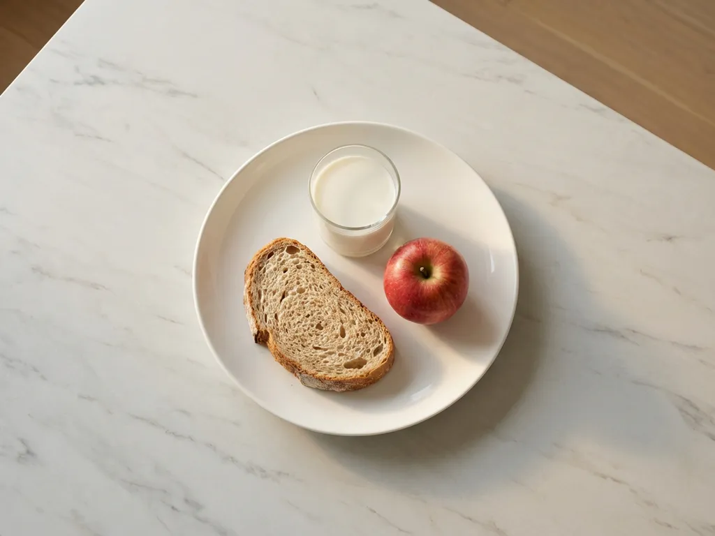 White ceramic plate with wheat bread slice, red apple, and glass of milk arranged in triangle on marble surface