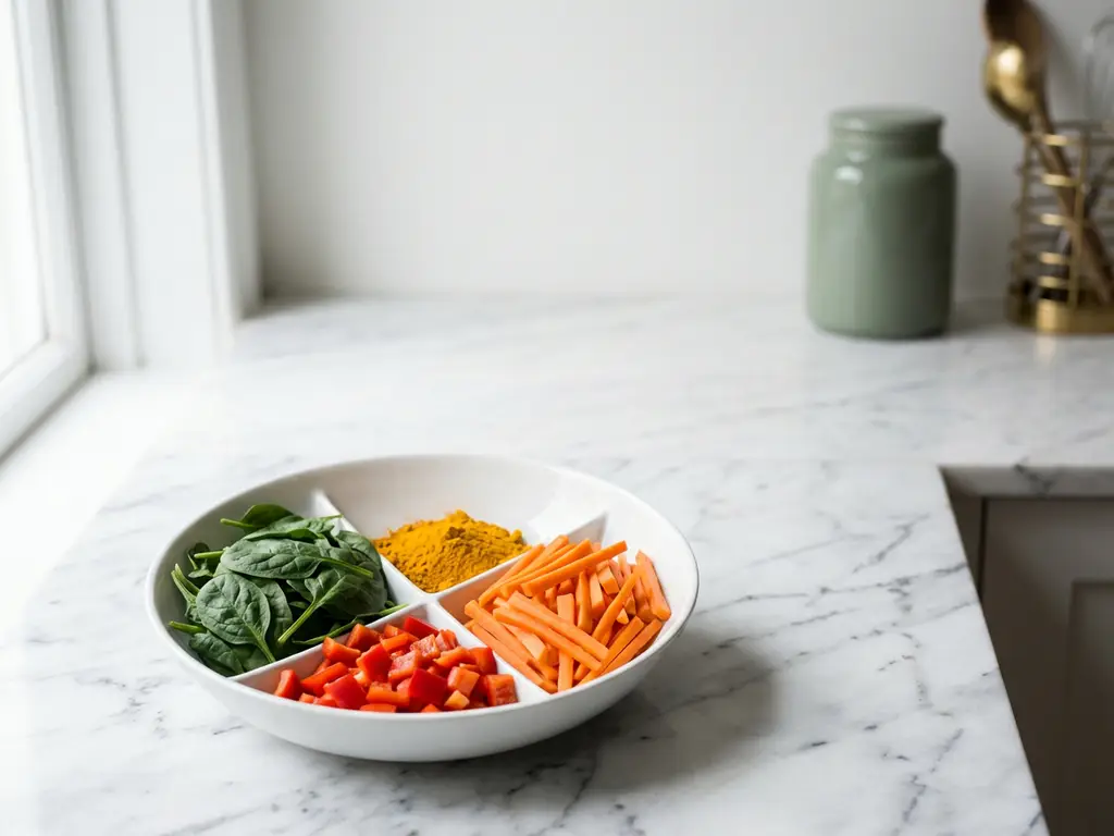 White ceramic bowl filled with sectioned fresh ingredients including spinach leaves, turmeric powder, diced carrots, and red bell peppers on marble countertop