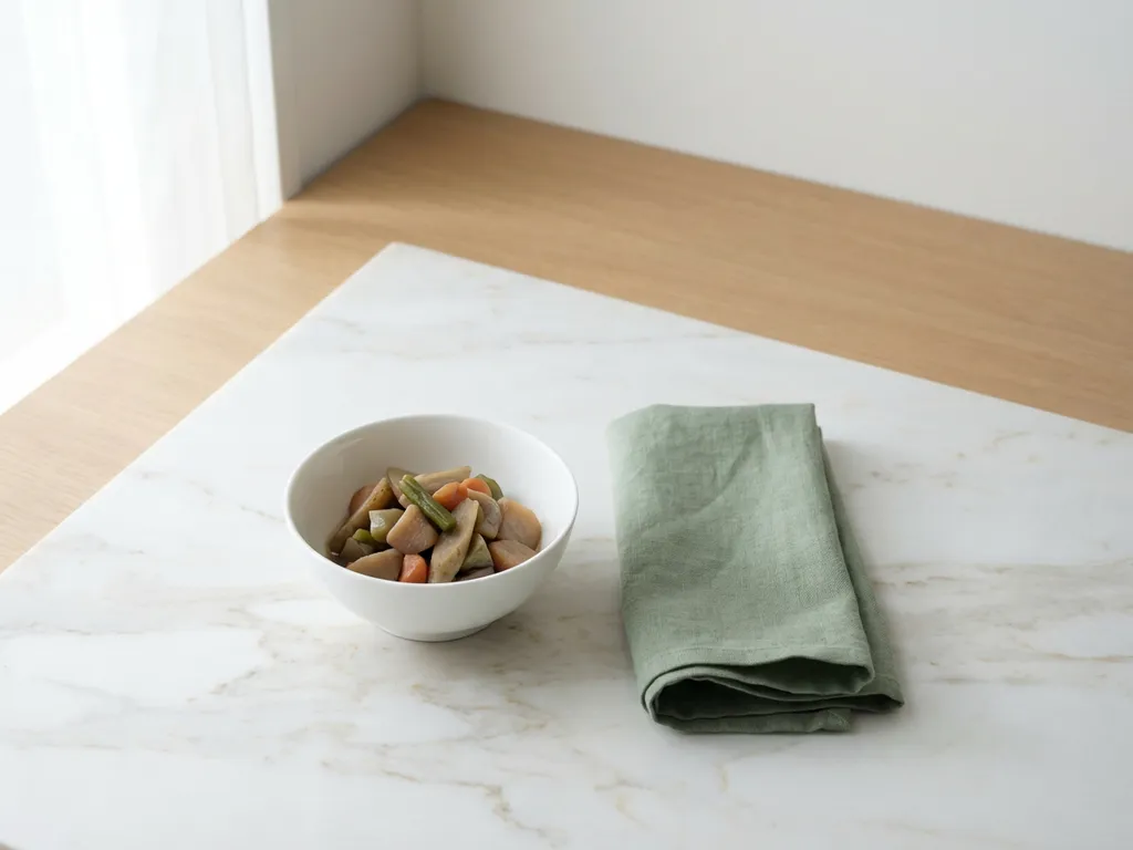 White porcelain bowl with mixed vegetables on marble countertop, linen napkin nearby, minimalist kitchen styling
