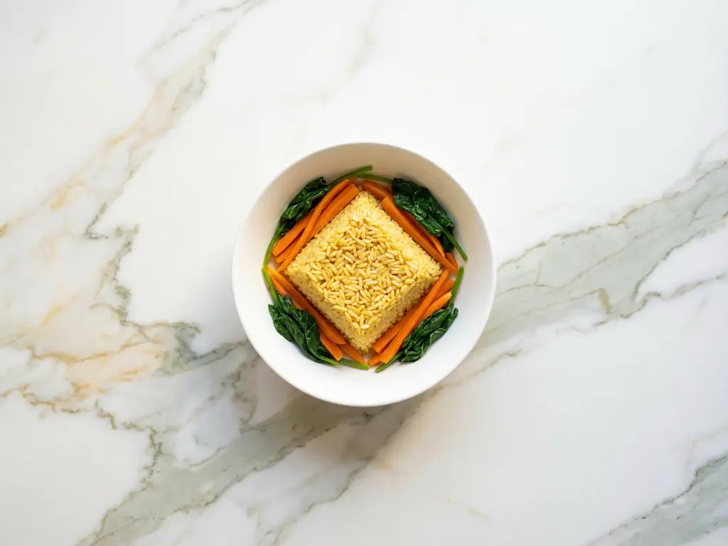 White ceramic bowl containing golden rice, steamed carrots, and fresh spinach leaves on marble surface with natural lighting