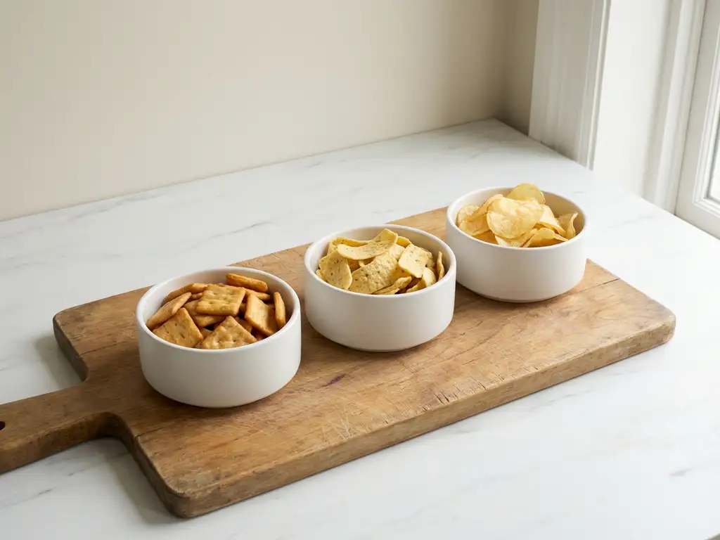 Wooden cutting board with three white bowls containing golden rice crackers, corn chips, and potato chips on marble countertop