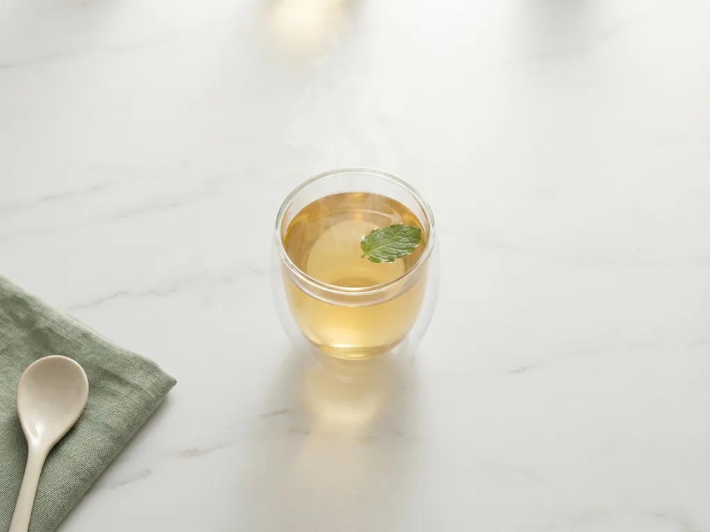 Glass of golden herbal tea with floating mint leaf on white marble surface, steam rising in soft morning light