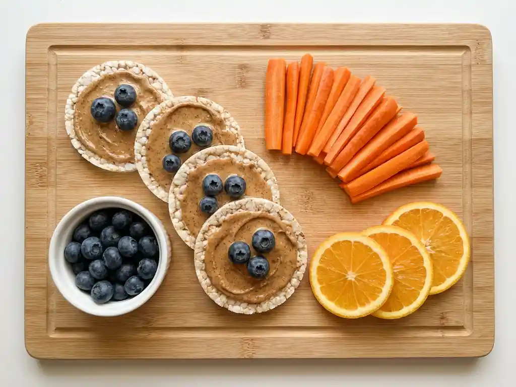 Wooden cutting board with IBS-friendly snacks: rice cakes with almond butter, blueberries in white bowl, carrot sticks and orange slices