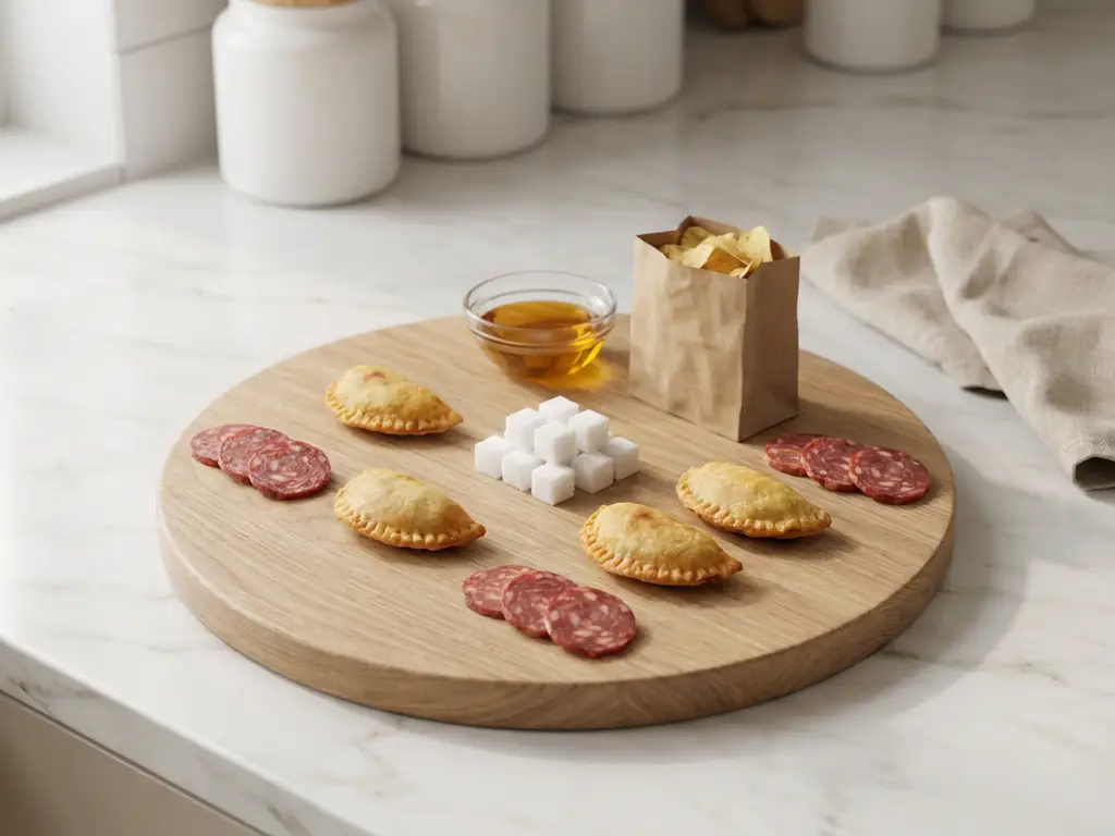 Wooden cutting board with five inflammatory foods arranged geometrically: processed meat, fried pastry, sugar cubes, cooking oil, and packaged snacks on marble counter