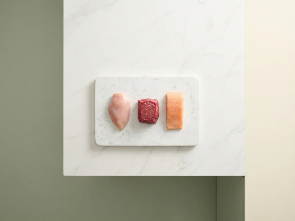 Three cuts of lean meat arranged on white marble cutting board: pink chicken breast, red beef tenderloin, and salmon fillet