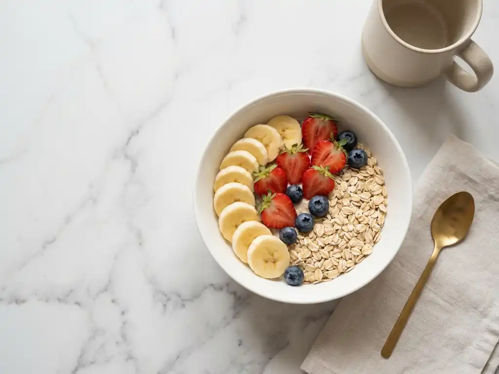White ceramic bowl with sliced bananas, strawberries, blueberries, and plain oats on marble countertop for low FODMAP breakfast