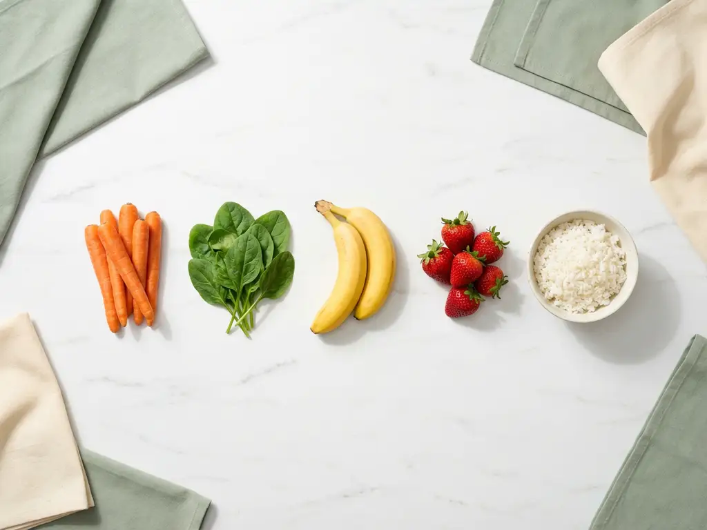 Five low-FODMAP foods arranged in a line on white marble: orange carrots, green spinach, yellow bananas, red strawberries, and white rice in a ceramic bowl.