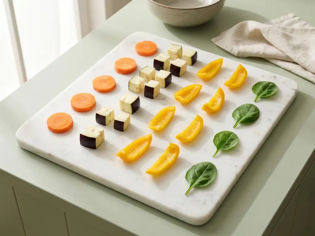 White marble cutting board with colorful low-FODMAP vegetables including orange carrots, purple eggplant, yellow bell peppers, and fresh spinach leaves arranged in geometric pattern