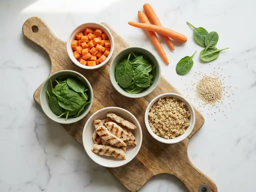 Wooden cutting board with white bowls containing low FODMAP ingredients: carrots, spinach, grilled chicken, and quinoa on marble counter