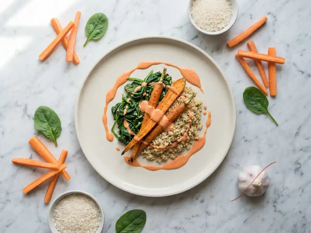 White ceramic plate with colorful low-FODMAP meal surrounded by fresh carrots, spinach, and rice on marble countertop