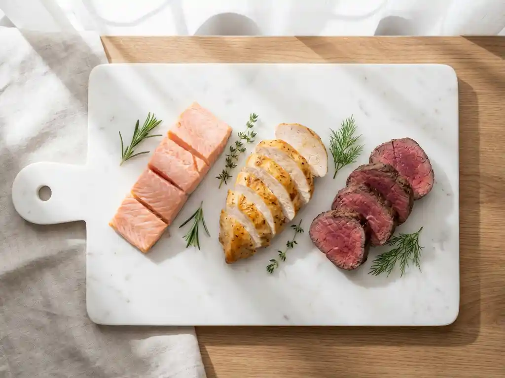 White marble cutting board with sliced salmon fillet, roasted chicken breast, and beef tenderloin garnished with fresh herbs