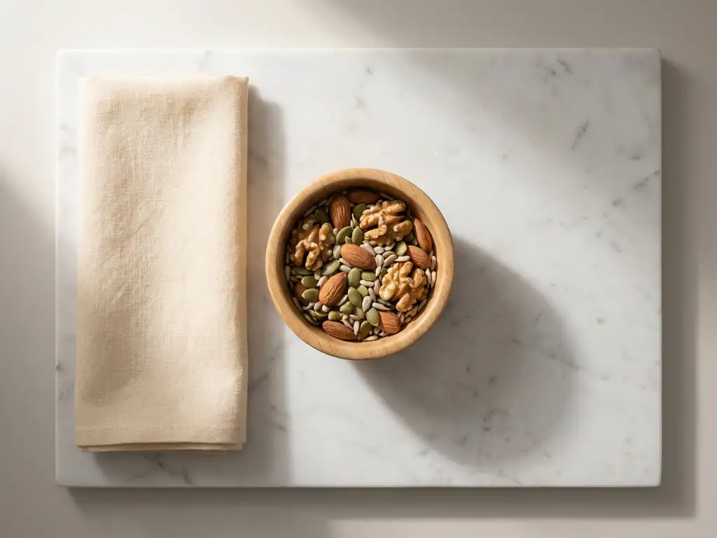 Wooden bowl filled with low-FODMAP nuts and seeds on white marble surface with linen napkin in soft natural lighting