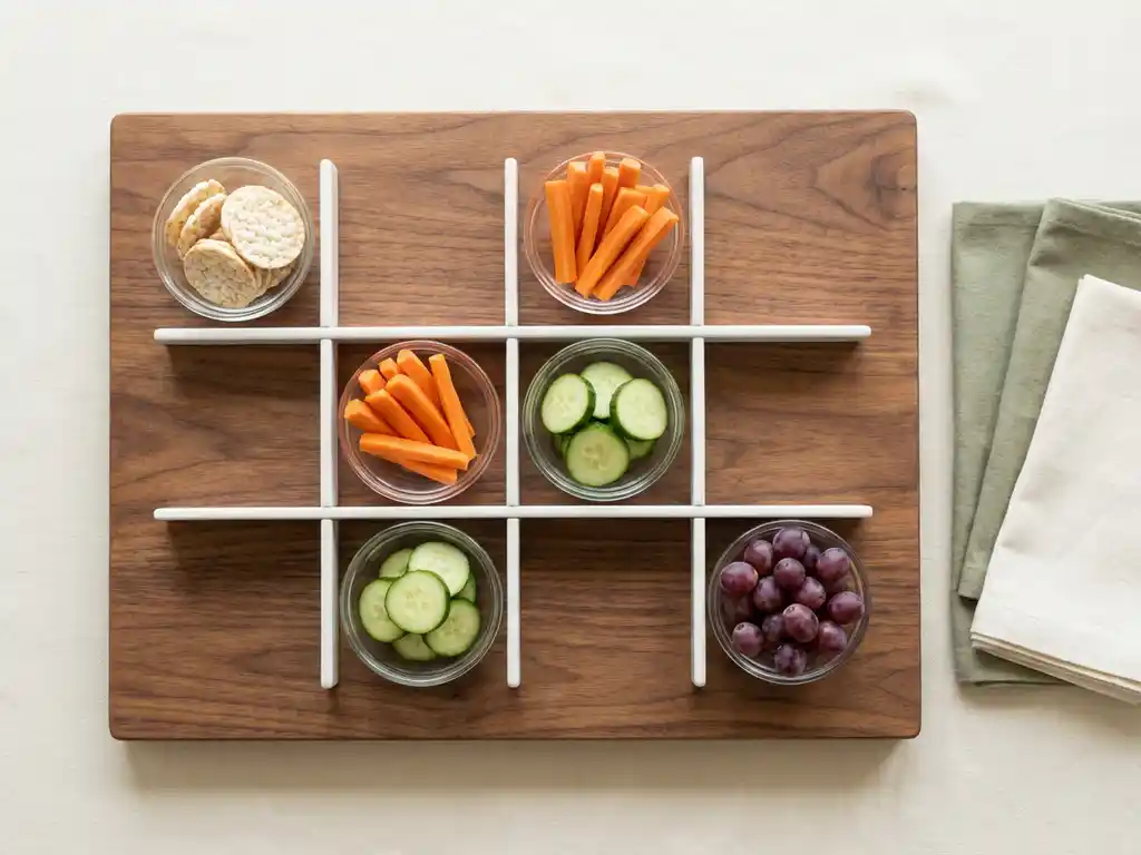 Wooden cutting board with low FODMAP snacks in glass bowls: rice crackers, carrot sticks, cucumber slices, and grapes arranged geometrically