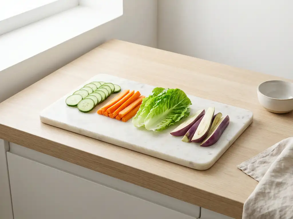 White marble cutting board with fresh low-FODMAP vegetables including cucumber slices, carrot sticks, lettuce leaves, and purple eggplant wedges arranged on clean surface