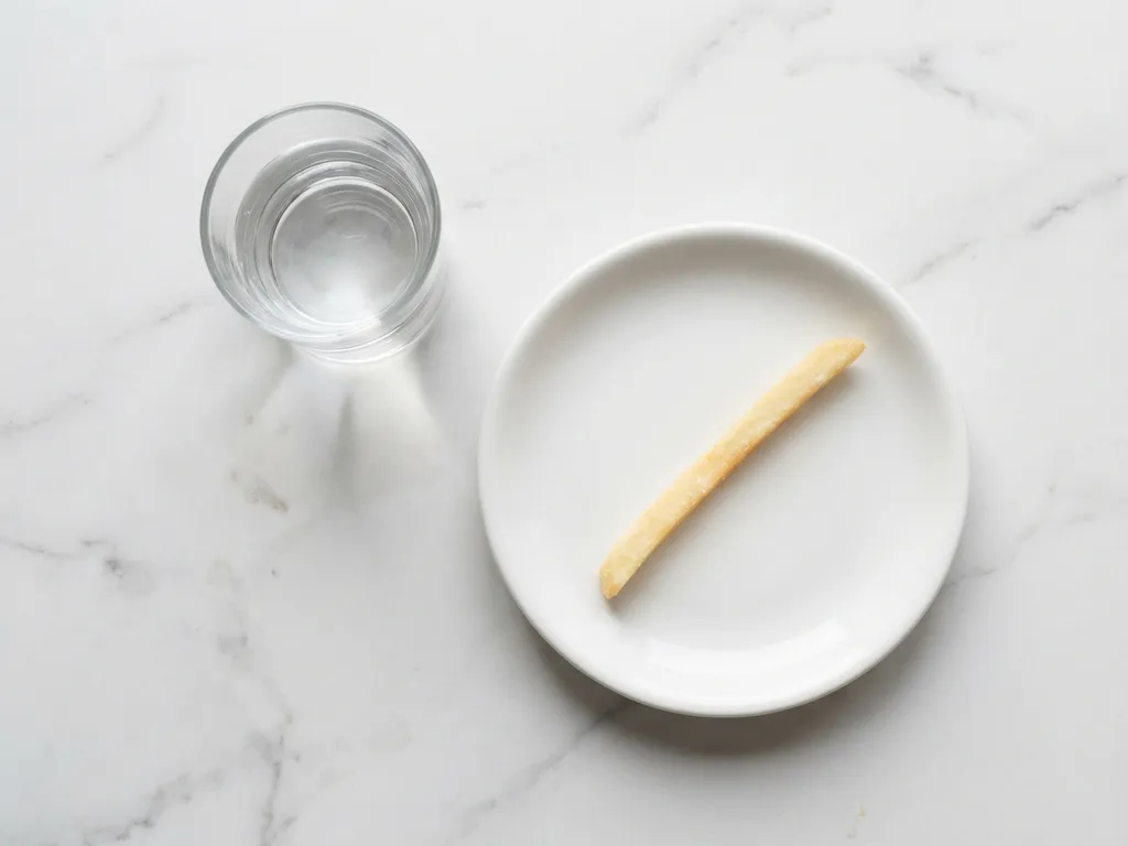 Single golden McDonald's french fry on white ceramic plate beside glass of water on marble countertop with soft natural lighting