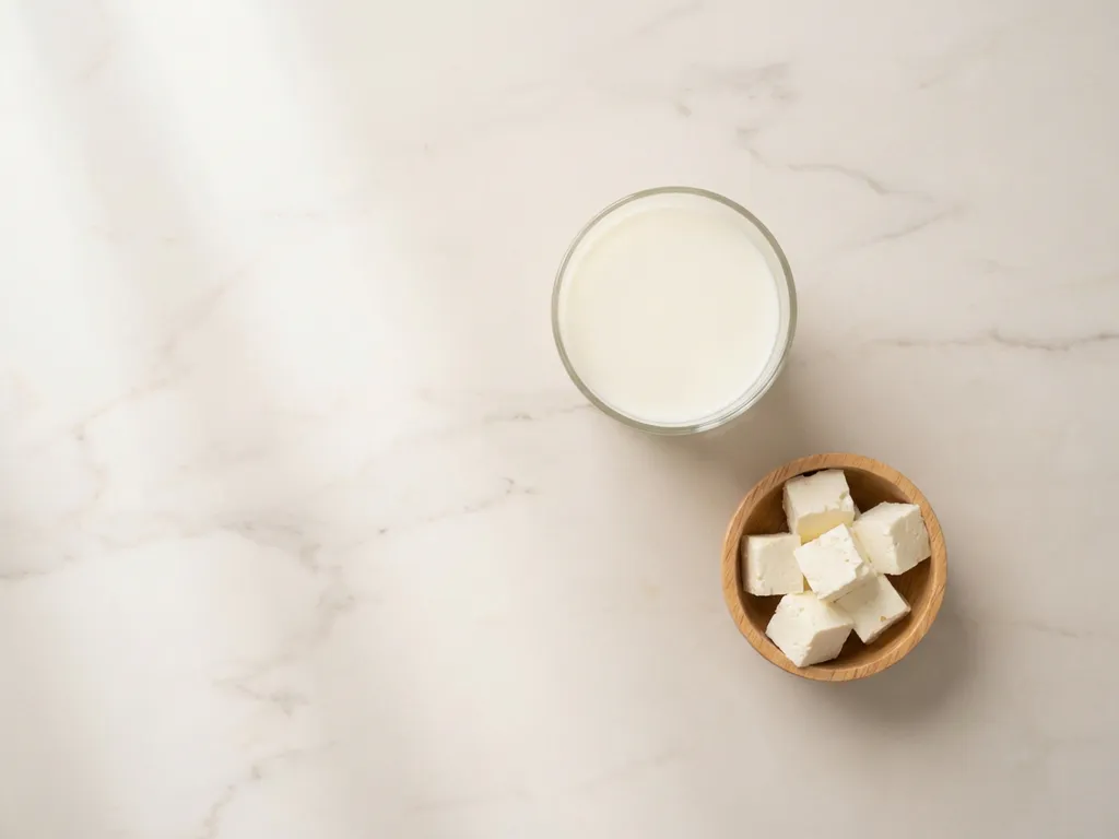 Glass of milk and wooden bowl of white cheese cubes on marble countertop with soft natural lighting and minimal composition