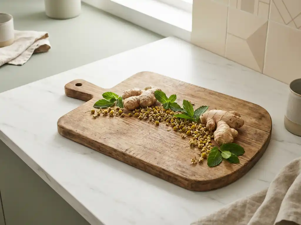 Fresh ginger root, chamomile flowers, and peppermint leaves arranged on wooden cutting board with soft natural lighting on marble countertop