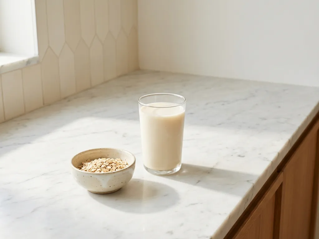 Glass of creamy oat milk on white marble countertop next to ceramic bowl of rolled oats in minimalist kitchen setting