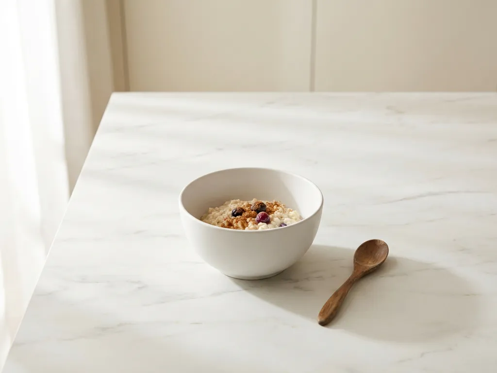 White porcelain bowl with oats and wooden spoon on marble countertop in minimalist kitchen setting
