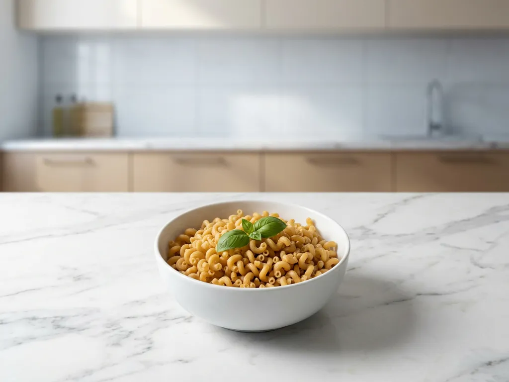 White ceramic bowl of golden wheat pasta topped with fresh basil leaf on marble countertop in minimalist kitchen