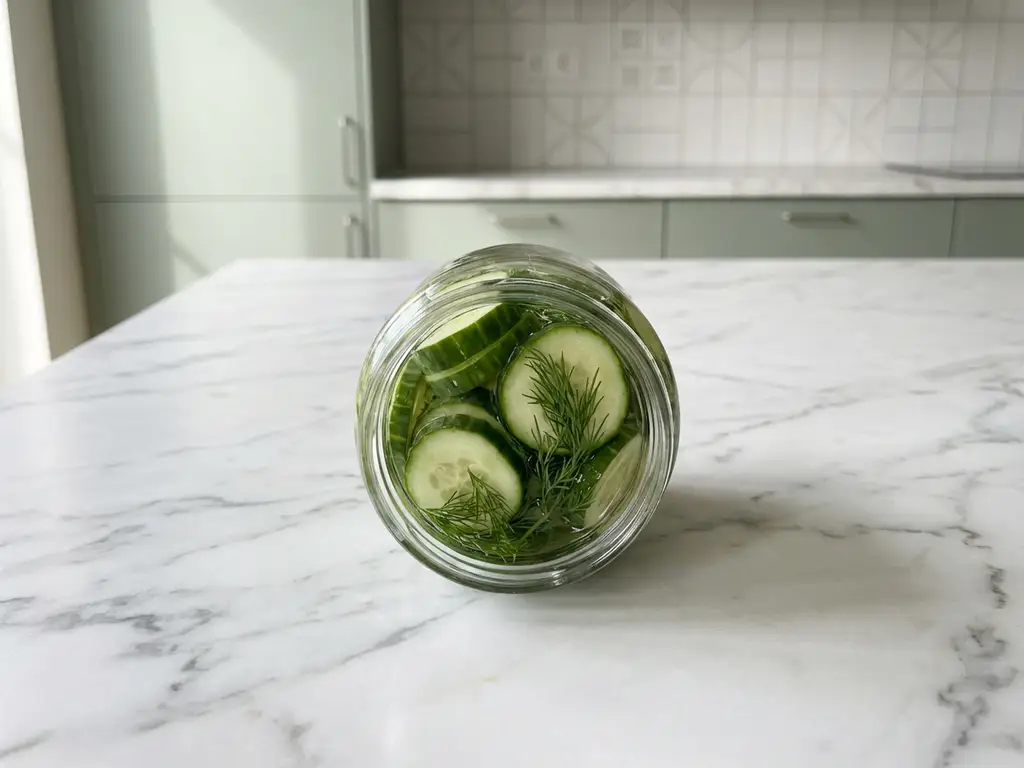 Glass jar of pickled cucumber slices in clear brine on white marble countertop with soft natural lighting and minimalist kitchen background