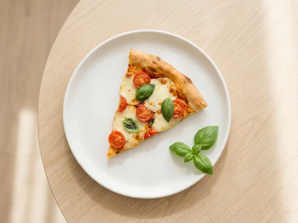 Golden-brown pizza slice with fresh basil garnish on white ceramic plate, photographed from above on light wooden table.