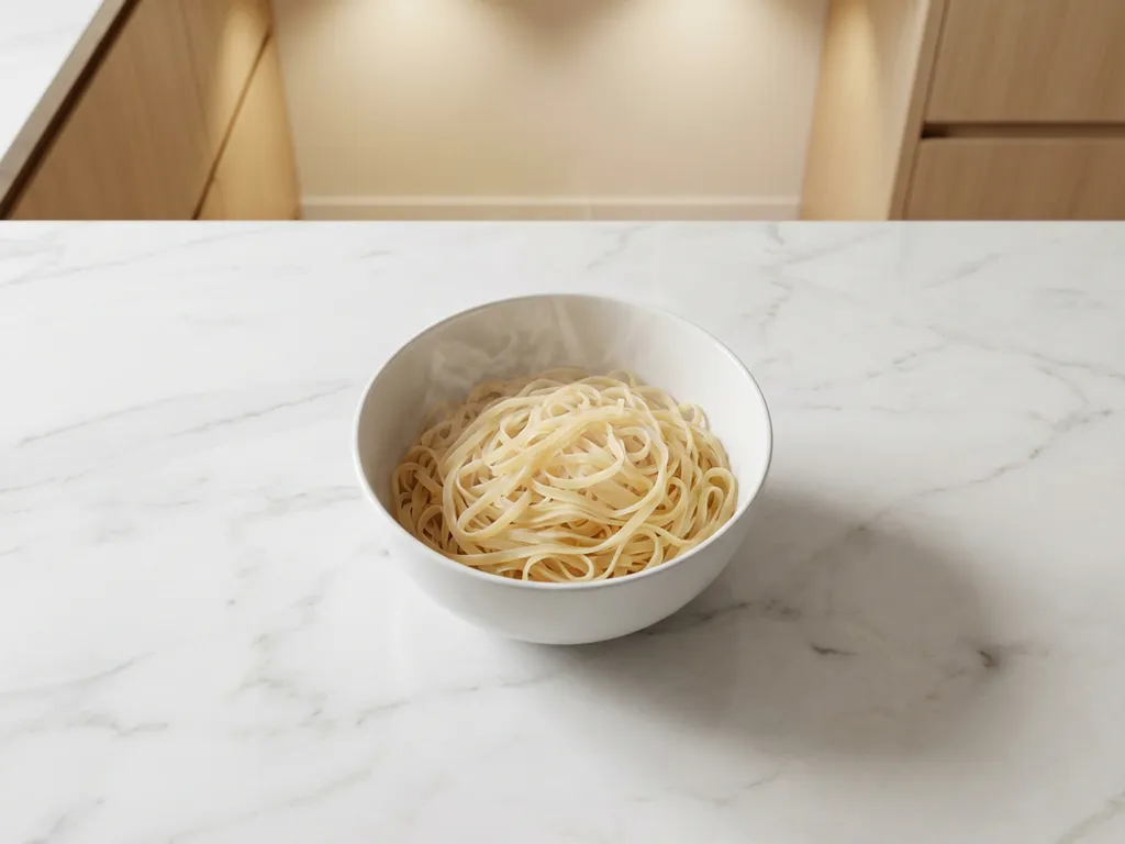Pale golden rice noodles in white ceramic bowl with steam rising, arranged on marble countertop in minimalist kitchen setting