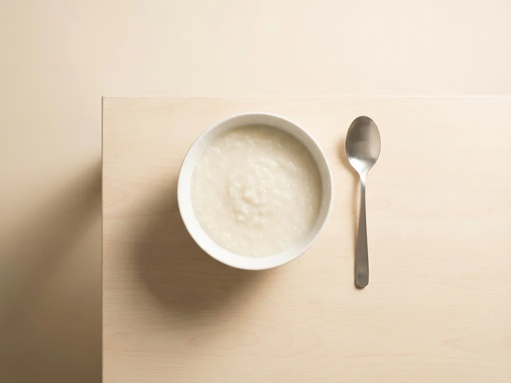White ceramic bowl of creamy rice porridge with silver spoon on pale wooden surface, overhead view with soft natural lighting