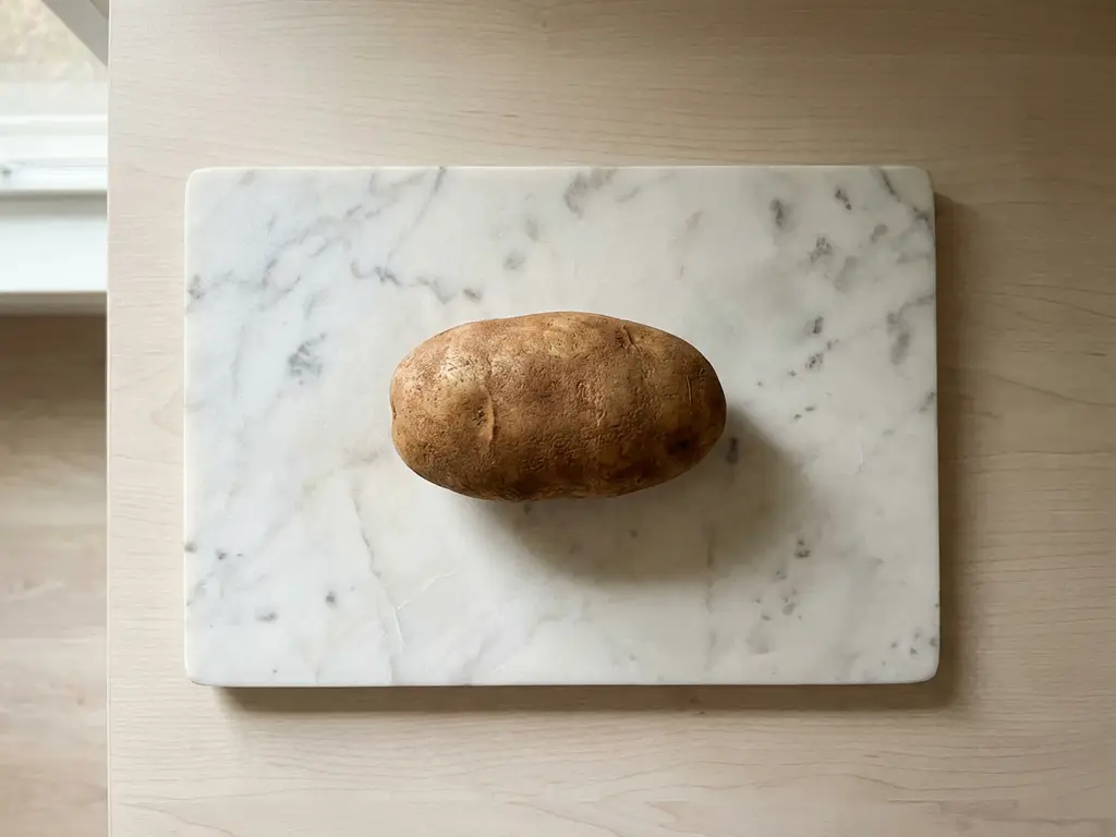 Russet potato on white marble cutting board with natural lighting and minimalist kitchen styling