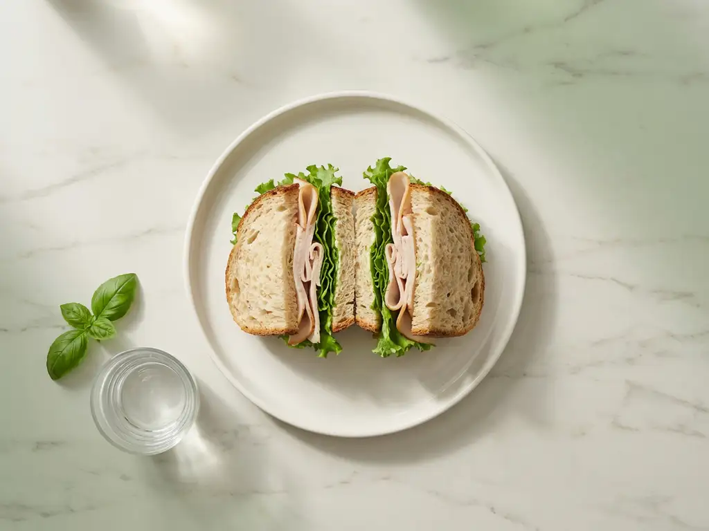 Halved turkey sandwich with lettuce on sourdough bread sits on white ceramic plate beside glass of water on marble countertop