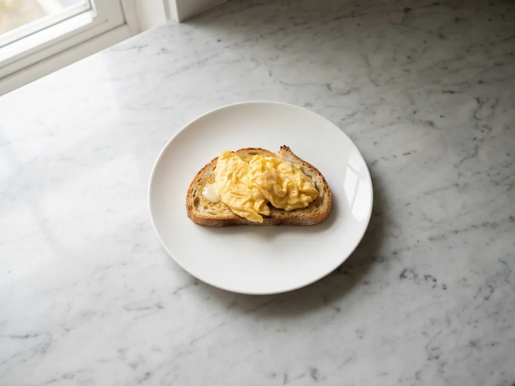 Golden scrambled eggs on artisanal sourdough toast served on white ceramic plate against marble countertop with soft natural lighting