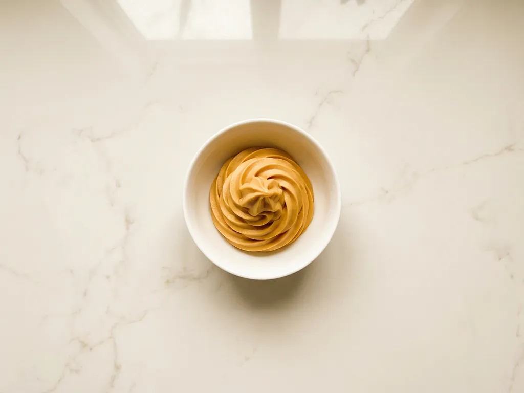 White porcelain bowl with golden-brown soft-serve ice cream on marble surface, overhead view with natural lighting