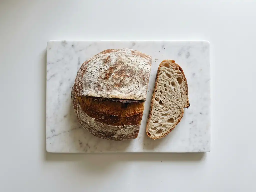 Rustic sourdough loaf with golden crust on white marble cutting board, thick slice revealing airy crumb structure