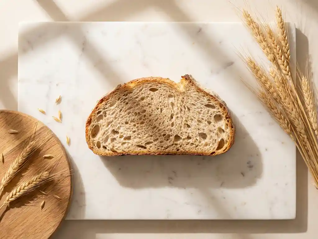 Artisanal sourdough bread slice on white marble surface with wheat stalks and wooden cutting board in flat lay composition