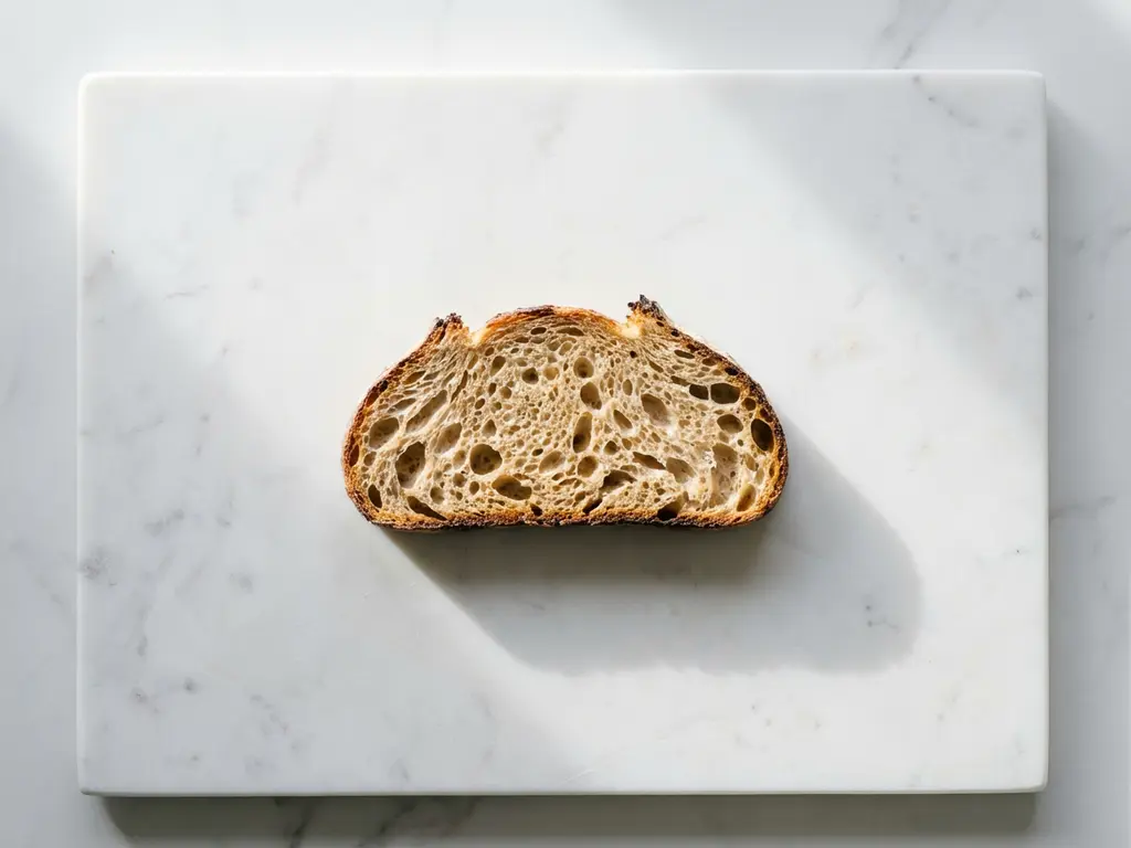 Golden-brown sourdough bread slice with visible air pockets on white marble cutting board, overhead view with natural lighting