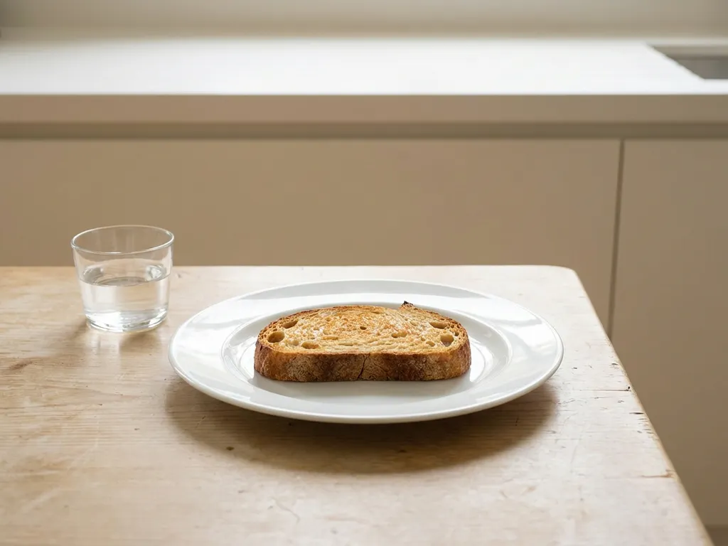 Golden sourdough bread slice on white ceramic plate with glass of water on pale wooden surface in minimalist kitchen setting