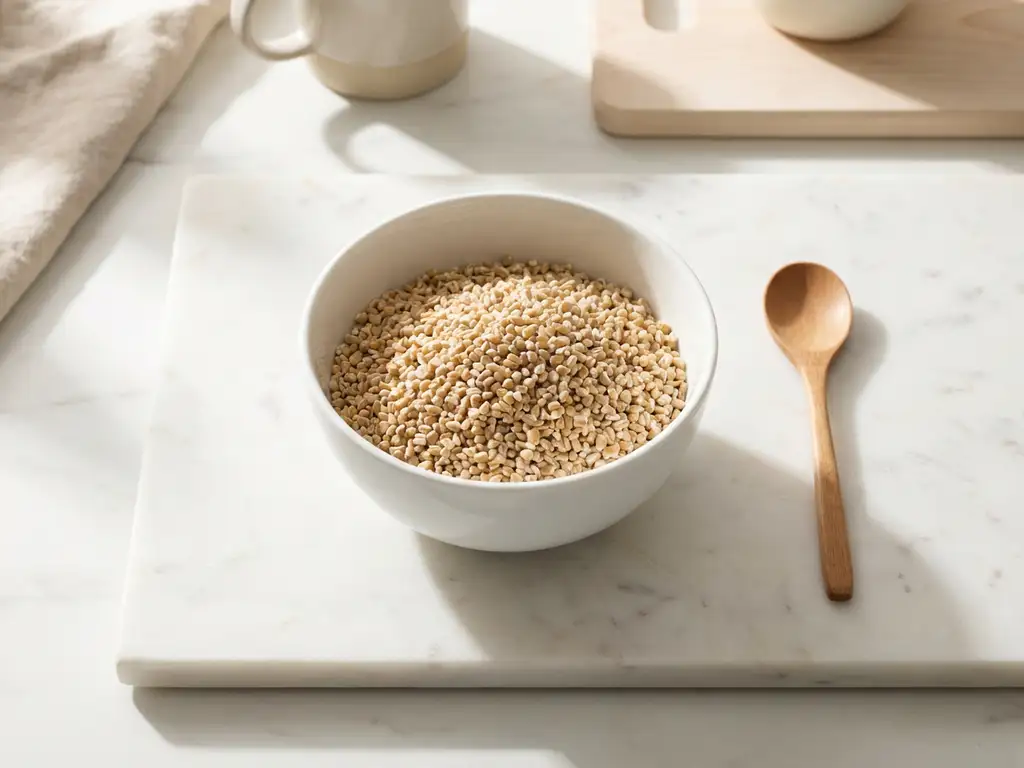 White ceramic bowl of creamy steel-cut oats on marble countertop with wooden spoon, natural lighting from overhead perspective