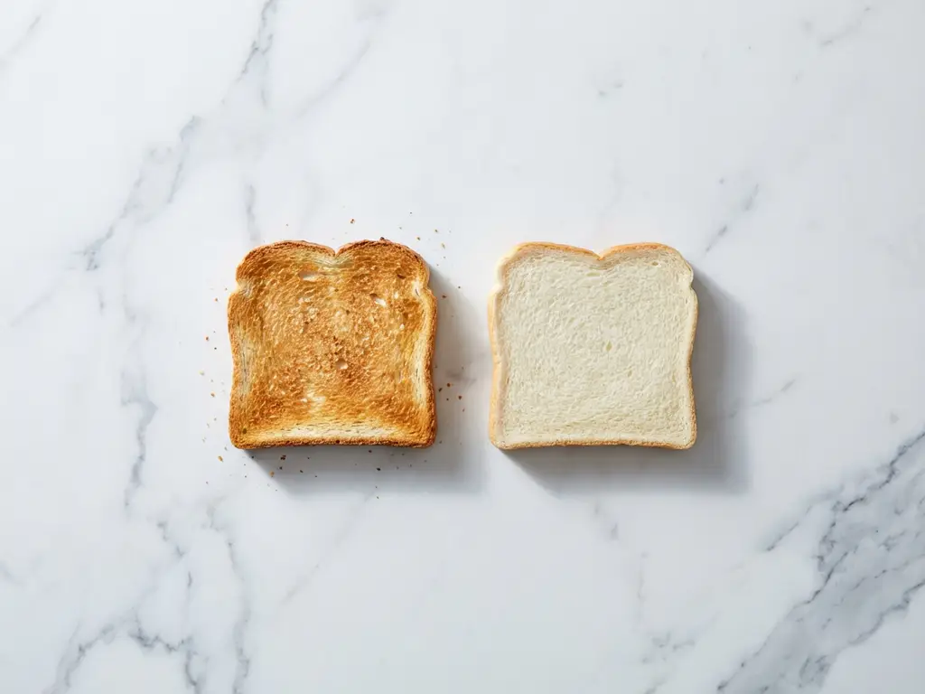 Golden toasted bread slice beside soft white bread slice on marble surface with natural lighting and minimal composition