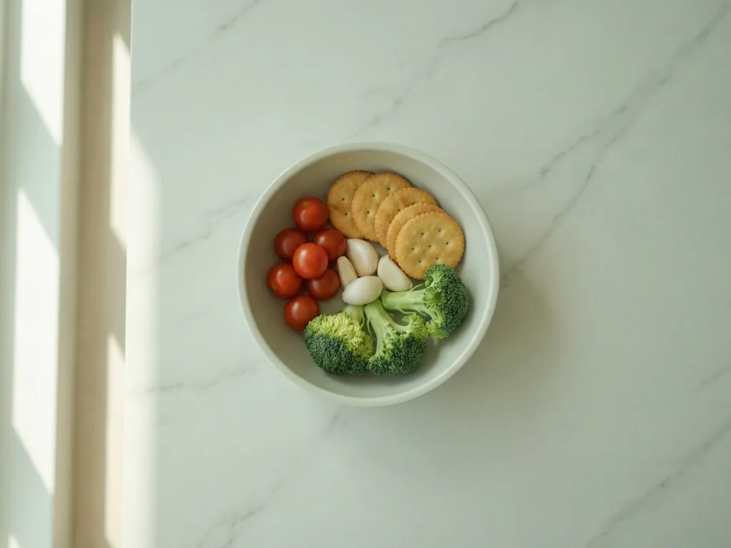 White ceramic bowl filled with trigger foods including red tomatoes, wheat crackers, garlic cloves, and broccoli on marble surface