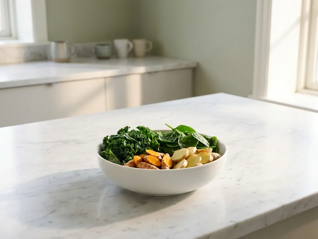 White ceramic bowl with sectioned green leafy vegetables, golden turmeric root, and fresh ginger on marble countertop