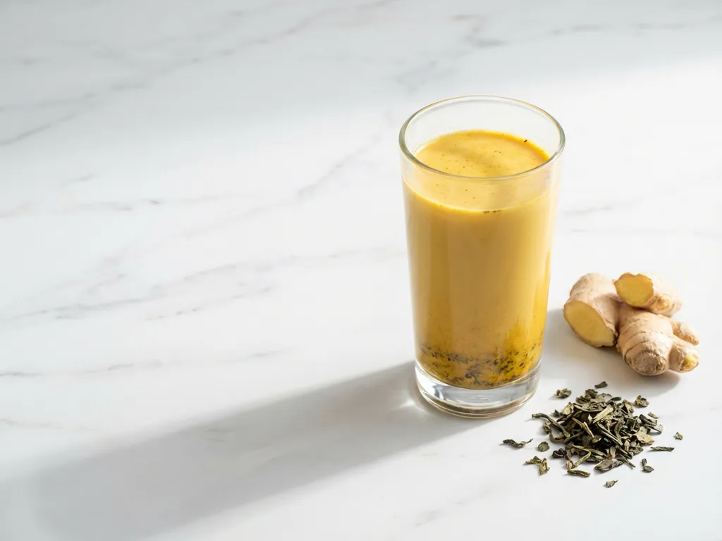 Golden turmeric latte with spice sediment sits on white marble beside fresh ginger root and green tea leaves in natural light