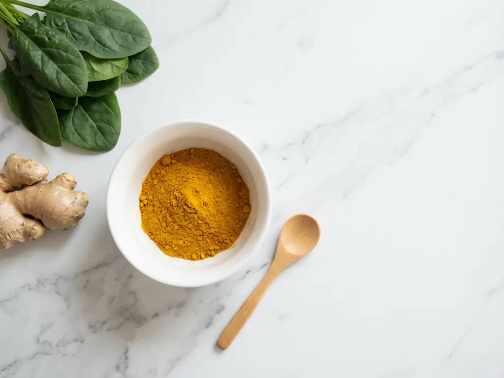 White ceramic bowl filled with golden turmeric powder on marble surface with wooden spoon, fresh ginger root, and green leafy vegetables