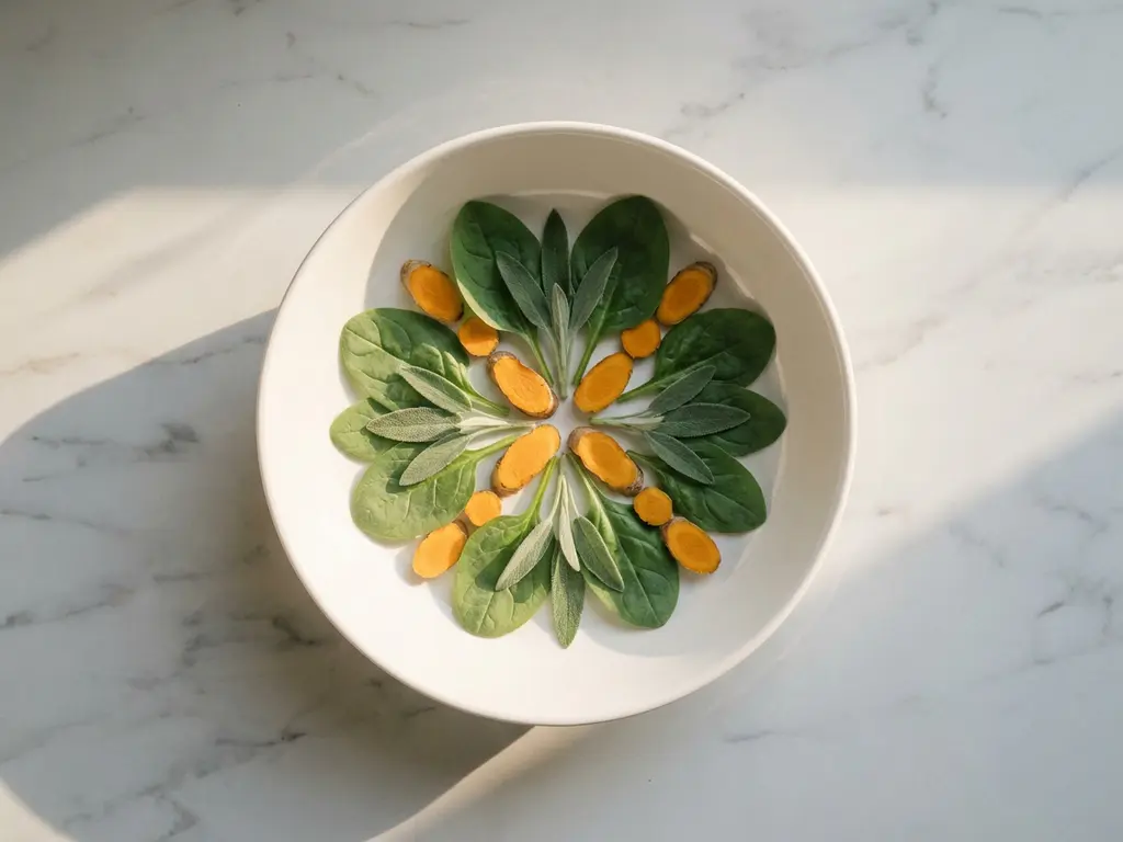 White ceramic bowl filled with fresh green leafy vegetables and golden turmeric root on marble surface with natural lighting