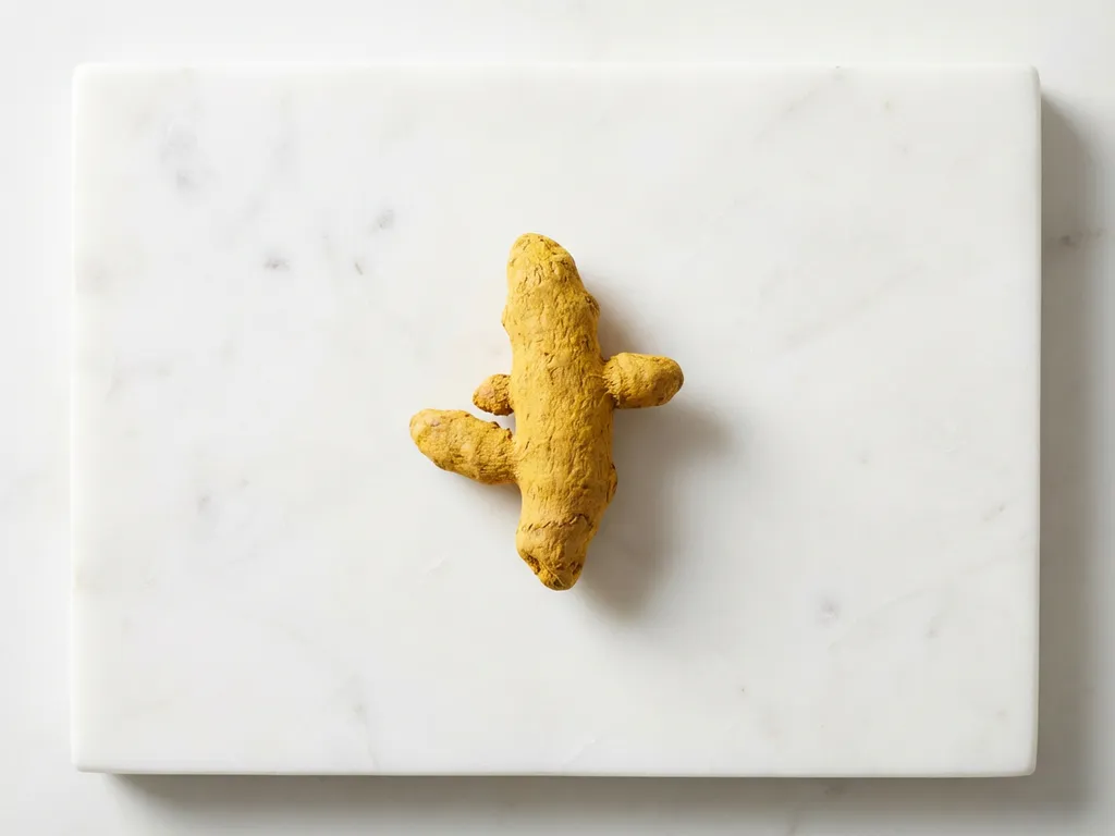 Fresh turmeric root with textured golden skin on white marble surface in natural lighting