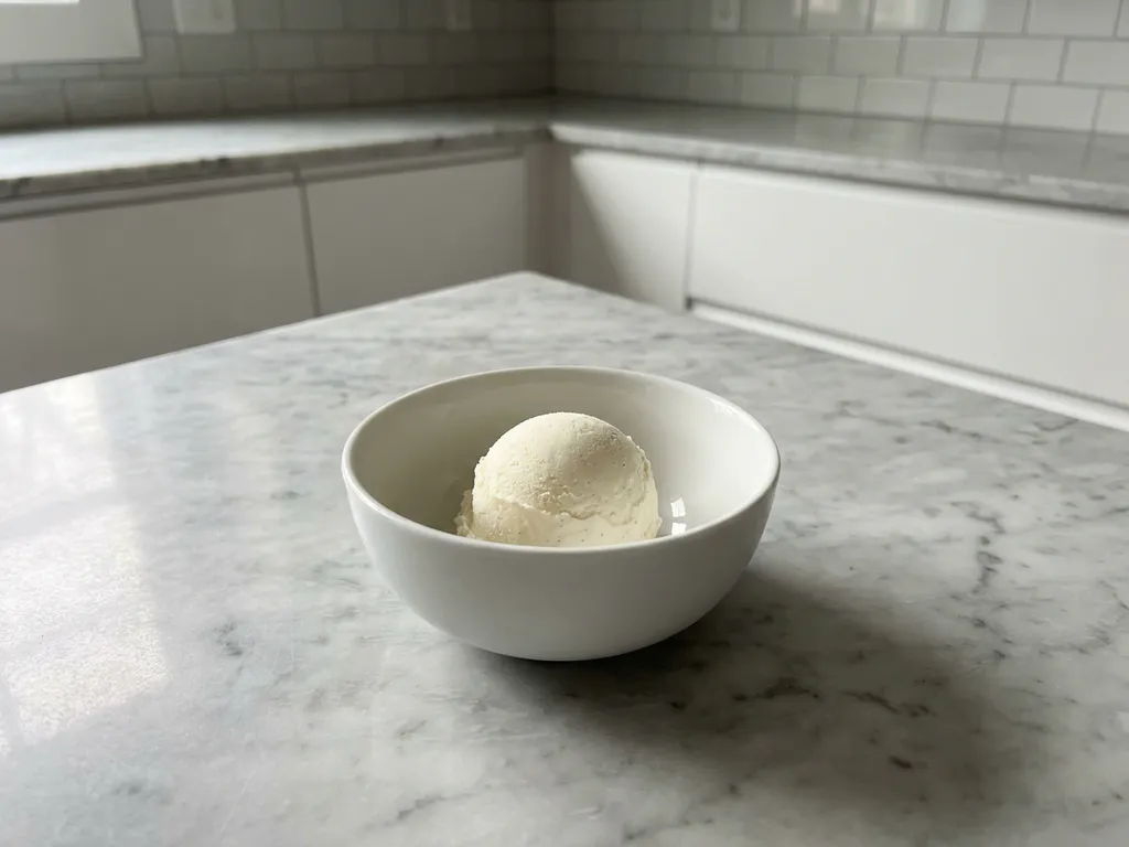 Vanilla ice cream scoop in white ceramic bowl on marble countertop with soft natural lighting and minimalist kitchen setting