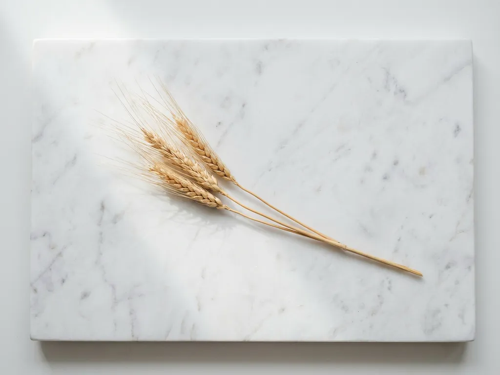 Golden wheat stalk on white marble surface with soft natural lighting and minimalist composition