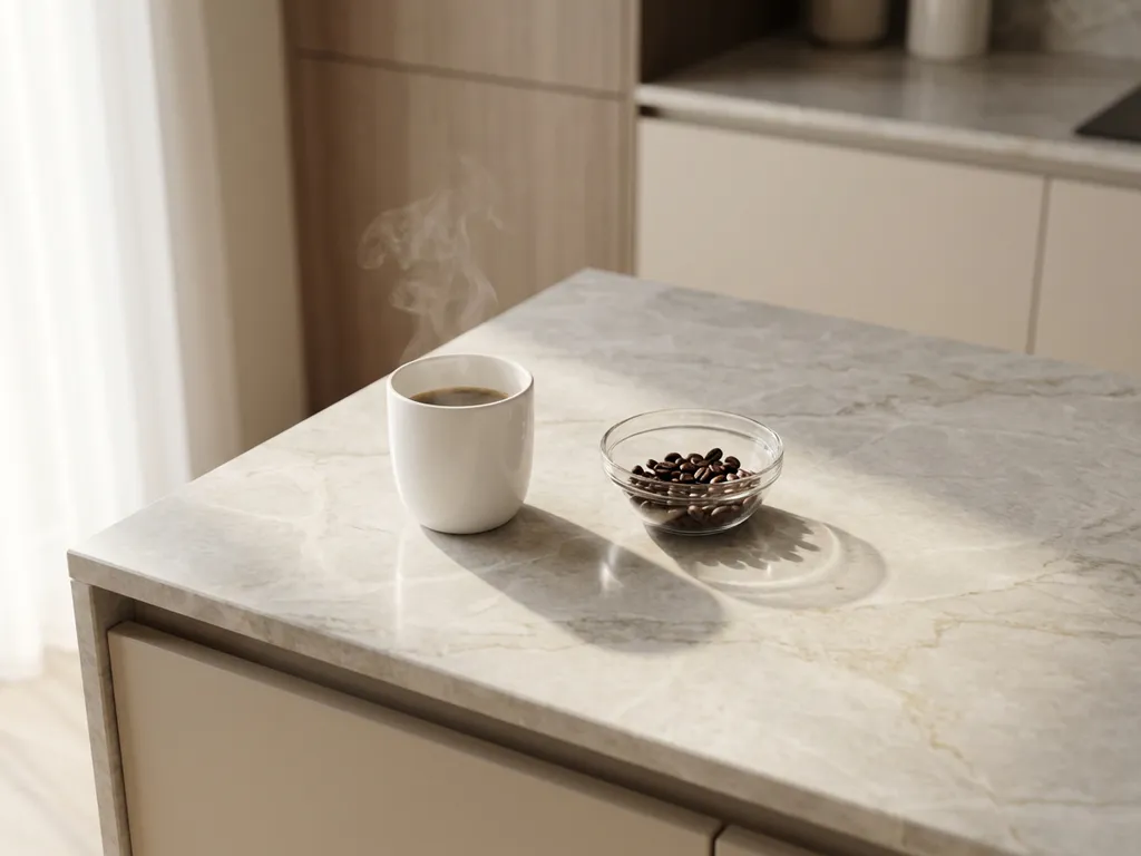 White ceramic coffee cup with rising steam on marble countertop beside glass bowl of scattered coffee beans in natural light